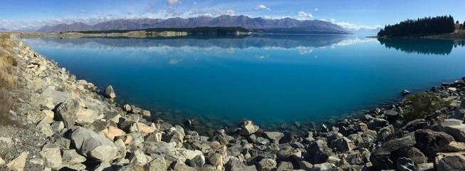 panoramic view of lake Pukaki in Mackenzie Basin, South Island, New Zealand