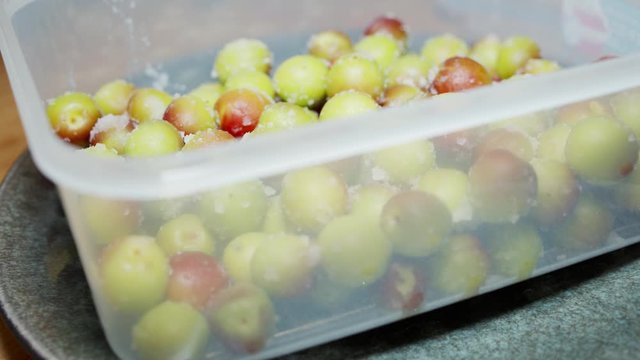 A Japanese female chef spreading Umeboshi (pickled Japanese Ume) in a food container at home kitchen, Tokyo, Japan. May 2019. Camera fixed, Extreme close-up, high angle