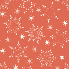 A seamless vector pattern with doodle snowflakes on a coral background. Surface print design.