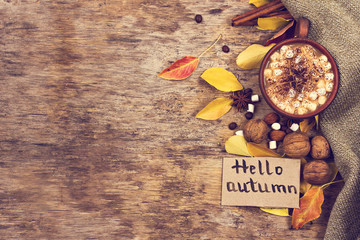 Coffee, cocoa with marshmallows and autumn.