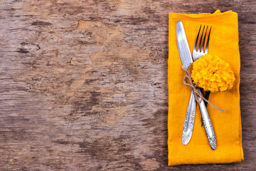 Fork, knife, napkin, cutlery.