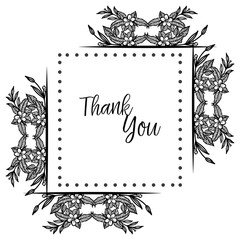 Various lettering of thank you, decoration greeting card, ornament black white flower frame. Vector