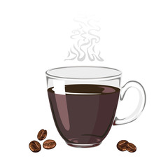 Steaming coffee in a glass cup Isolated on a white background. Hot morning drink and coffee beans. Vector illustration of beverage in cartoon flat simple style.