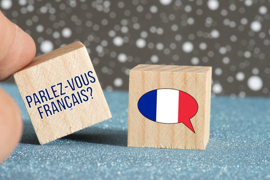 Flagge von Frankreich und Frage Sprechen Sie franz&ouml;sisch