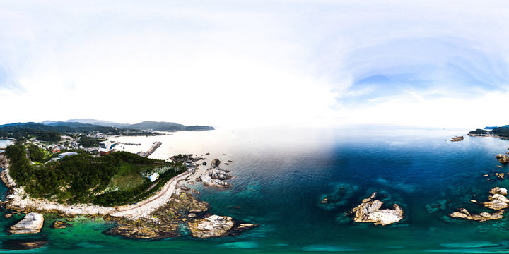 Donghae, South Korea 6 August 2019: 360 degrees spherical panorama with beautiful beach. Drone shot of beach and island. VR content..