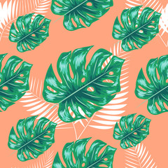 Nature seamless pattern. Hand drawn abstract tropical summer background: palm, monstera leaves in silhouette, line art, grunge, scribble textures.