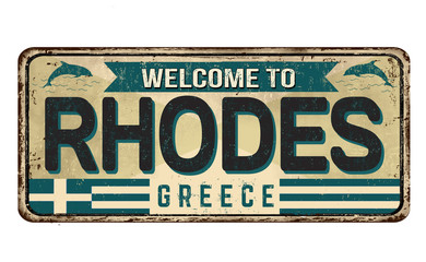 Fototapeta premium Welcome to Rhodes vintage rusty metal sign
