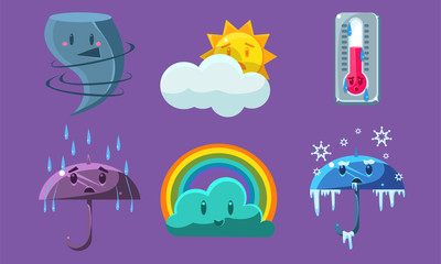 Weather Symbols Set, Forecast Meteorology Cute Signs Vector Illustration