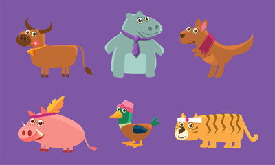 Cute Animals Set, Deer, Hippo, Kangaroo, Pig, Duck, Tiger Vector Illustration