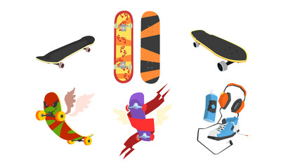Naklejka premium Collection of Skateboards, Active Lifestyle, Extreme Sport Equipment Vector Illustration