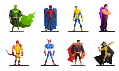 Fototapeta na wymiar Superheroes Set, Different Male Superhero Characters in Colorful Costumes Vector Illustration