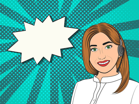 Smiling young woman working at callcenter. Consultant in headphones isolated on white background. Pop Art vintage vector illustration