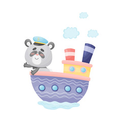 Cute panda sailing on the steamer. Vector illustration on white background.