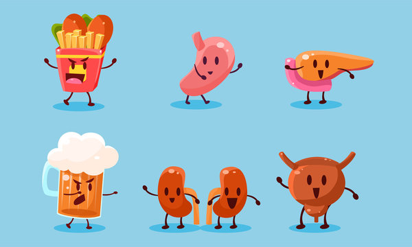 Bad Habits Set, Destruction of Human Organs, Harmful Dependance of Alcohol and Fast Food Vector Illustration