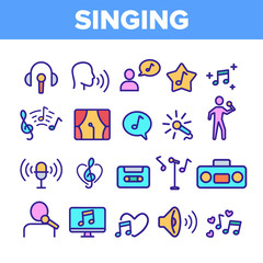 Color Different Singing Icons Set Vector Thin Line. Singing And Listening Song And Music In Karaoke, Concert, Tape-recorder Or Audiophone Linear Pictograms. Contour Illustrations