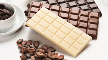 Dark bitter, milk and white chocolate,