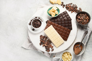 Dark bitter, milk and white chocolate,