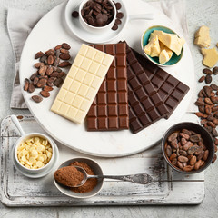 Dark bitter, milk and white chocolate,