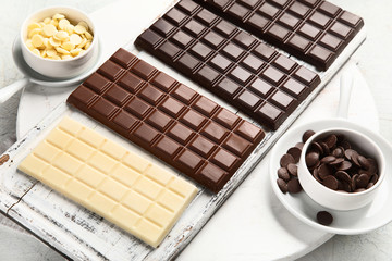 Dark bitter, milk and white chocolate,