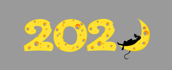 Funny well-fed smiling rat lying  on the number 2020,carved from cheese. Design template for flyers, poster, card, brochure, banner and calendar.Symbol of new year, vector illustration isolated