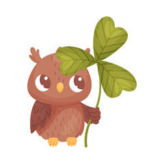 Cartoon owl with clover. Vector illustration on white background.