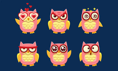 Owls Characters Set, Cute Birds with Various Emotions Vector Illustration