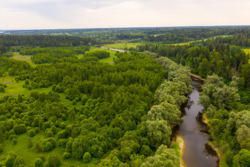 River cutting trough forest. Aerial drone shot