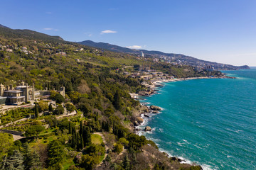 Fototapeta na wymiar Panoramic aerial view of the Vorontsov Palace or the Alupka Palace on the Black Sea, Yalta, Crimea