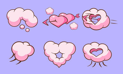 Cute Pink Clouds and Hearts with Arrow Set, Saint Valentines Day Romantic Design Elements Vector Illustration