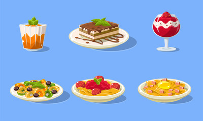 Tasty Dishes Set, Delicious Food, Main Dishes and Desserts Vector Illustration