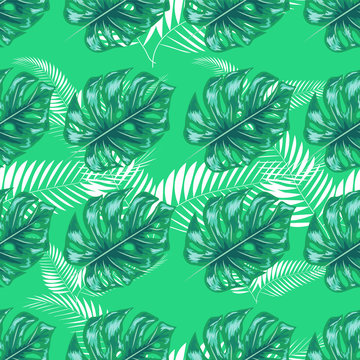 Green pattern with monstera palm leaves on dark background. Seamless summer tropical fabric design.