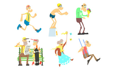 Funny Elderly People Performing Different Activities Set, Senior Men and Women Doing Sports, Walking, Having Fun Vector Illustration