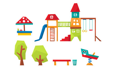 Kids Playground Elements Set, Sport and Recreation Ground Equipment, Slide, Ladder, Swing, Sandpit, Trees, Bench Vector Illustration