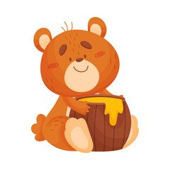 Cartoon bear with a barrel of honey. Vector illustration on white background.