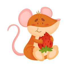 Cartoon mouse eating strawberries. Vector illustration on white background.