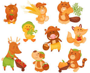 Set of cute animals with the harvest. Vector illustration on white background.