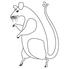 A large rat walking on two hind legs with a bow on its tail. Vector image in outline style.