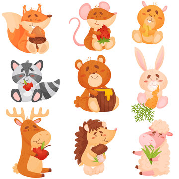 Set of cartoon animals eating different fruits. Vector illustration on white background.