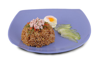Fried rice with shrimp on the blue dish on white background