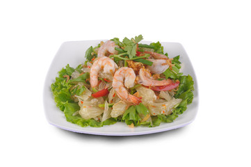 dressed spicy salad with prawn, pork, green herbs and nuts : delicious food on white background