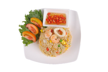 Fried rice with shrimp on the white dish on white background