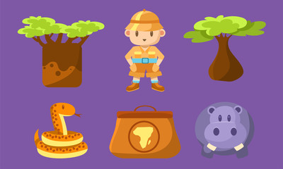 Safari Symbols Set, Cute African Animals, Trees and Boy in Safari Outfit Vector Illustration