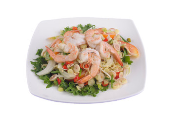 Thai Food, Spicy Lemongrass Salad with Shrimps on white background