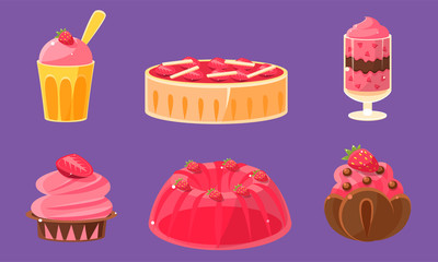 Delicious Sweets and Desserts Set, Ice Cream, Cake, Cupcake, Pudding Vector Illustration