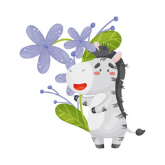 Cute zebra with flowers. Vector illustration on white background.