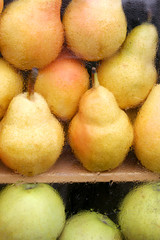 Yellow pears and green apples in a glass case behind a glass with raindrops on top of each other.