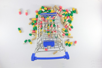 Capsules drugs shopping cart on a white background. The concept of Can't find good health,  Sales in the pharmacy. 