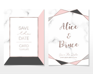 Wedding Invitation card with golden frames and marble texture. Luxury marble with rosegold geometric business card design template.