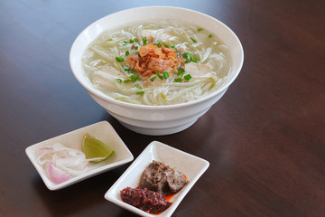 Pho bo, Vietnamese food, rice noodle soup with sliced beef