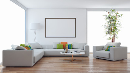 Fototapeta na wymiar large luxury modern bright interiors with mock up poster frame illustration 3D rendering